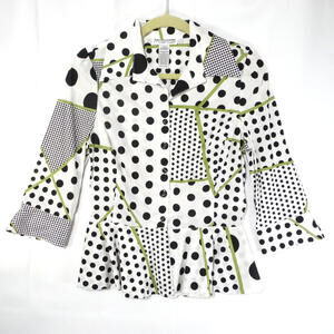 Mishka Art To wear Polka Dot Top Sz S Peplum Front Button Blouse Black &‎ White